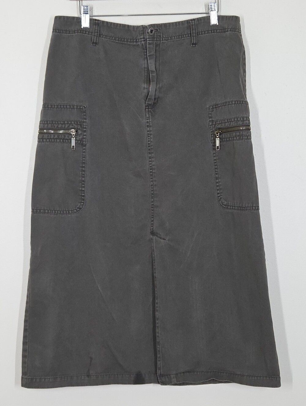 Vtg Y2K Taupe Gray Cargo Midi Skirt 14 Boho Grunge Festival Indie Front Slit